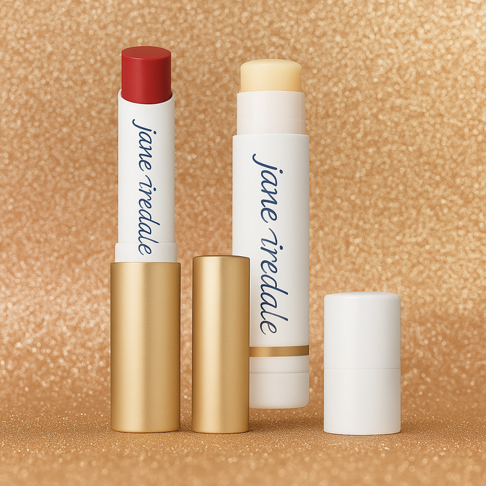 Set of Jane Iredale lip products on a gold glitter background. 