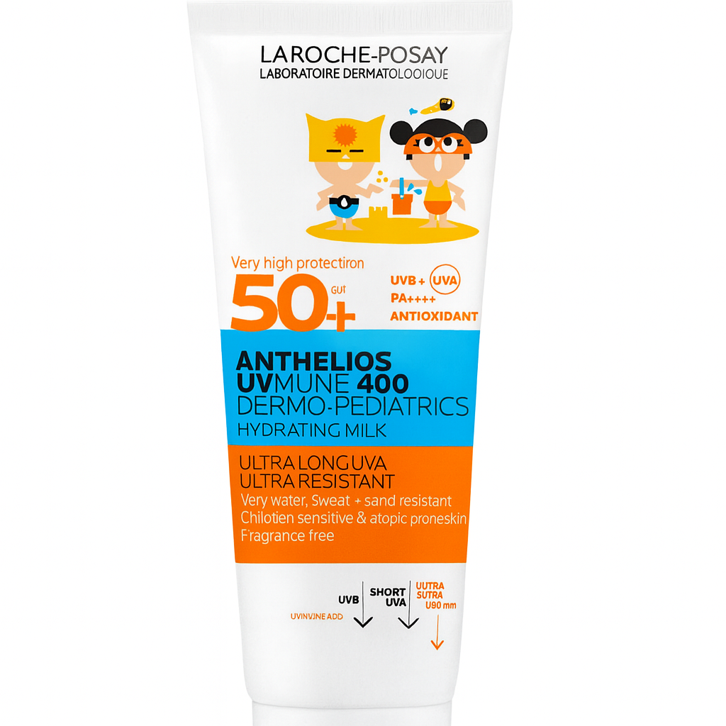 Laroche-Posay sunscreen cream tube for children on a white background