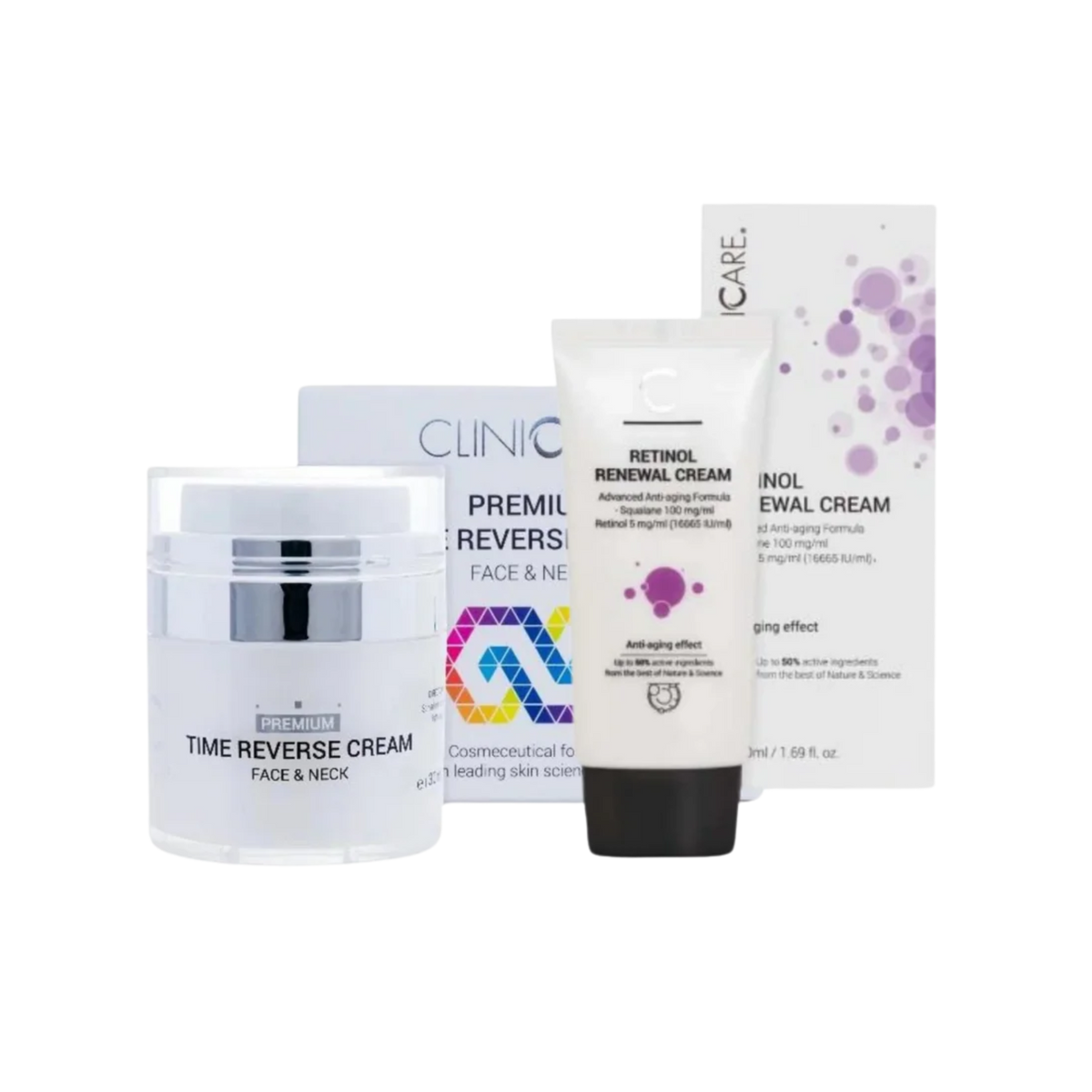 Skincare products including 'Time Reverse Cream' and 'Retinol Renewal Cream'ClinicCare
