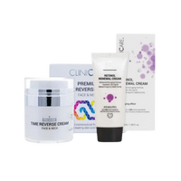 Skincare products including 'Time Reverse Cream' and 'Retinol Renewal Cream'ClinicCare