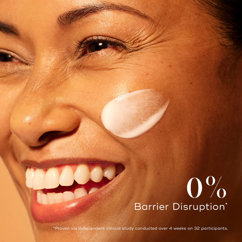 Woman with a skincare product applied to her face, with text about 0% barrier disruption.