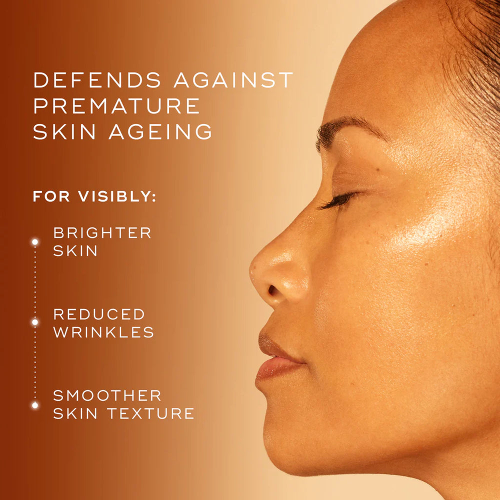 Advertisement for Medik8 C-Tetra with skin results on mature skin and text about skin aging prevention.