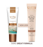 Comparison of the Vita Liberata Beauty Face Blur packaging with text indicating which tube has a new look 