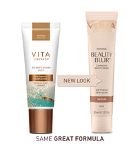 Comparison of the Vita Liberata Beauty Face Blur packaging with text indicating which tube has a new look 