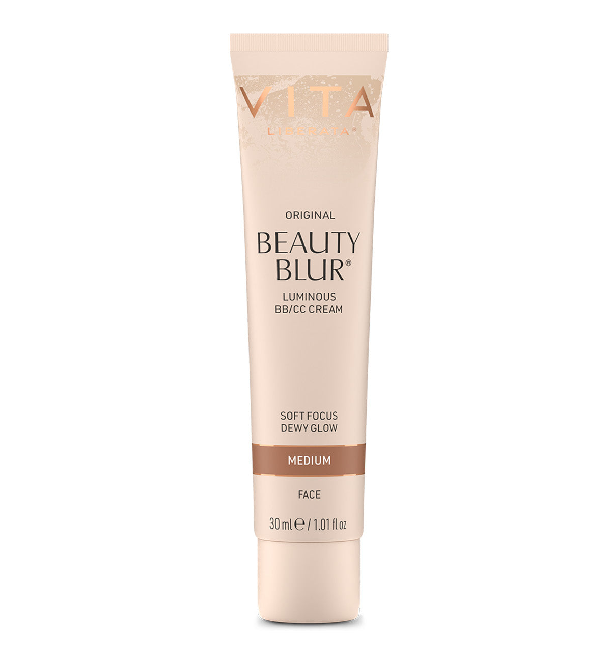 A tube of VITA Liberata Original Beauty Blur Luminous BB/CC Cream in Medium shade, designed for the face, with a pump dispenser.