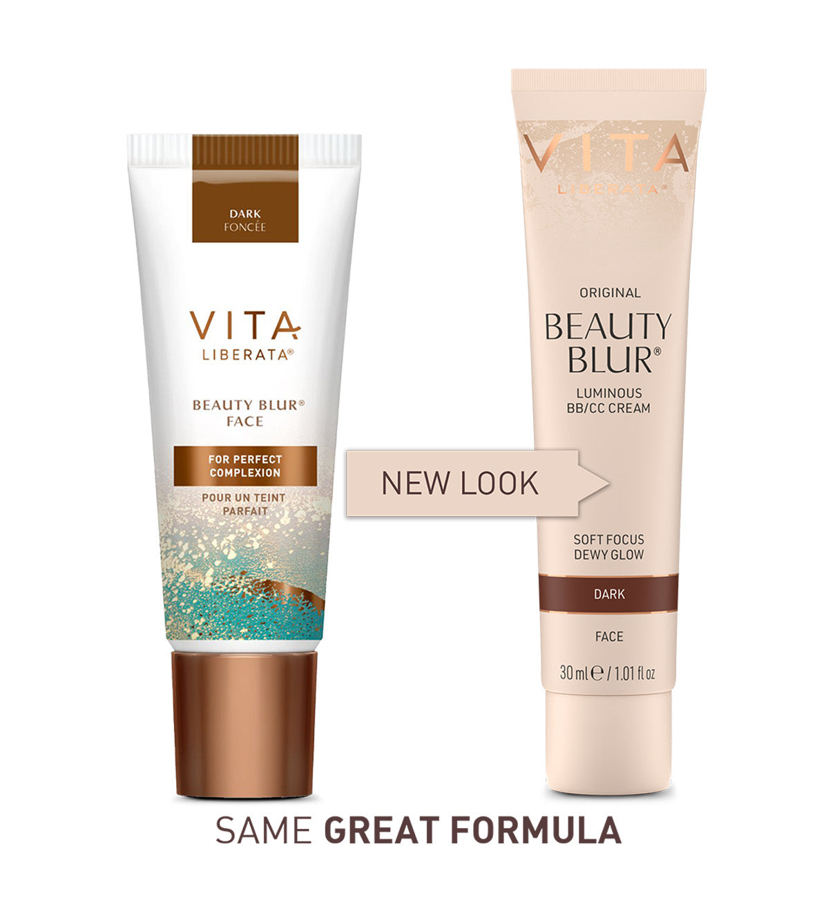 Comparison of Vita Liberata beauty blur packaging with text highlighting which tube is the new look.