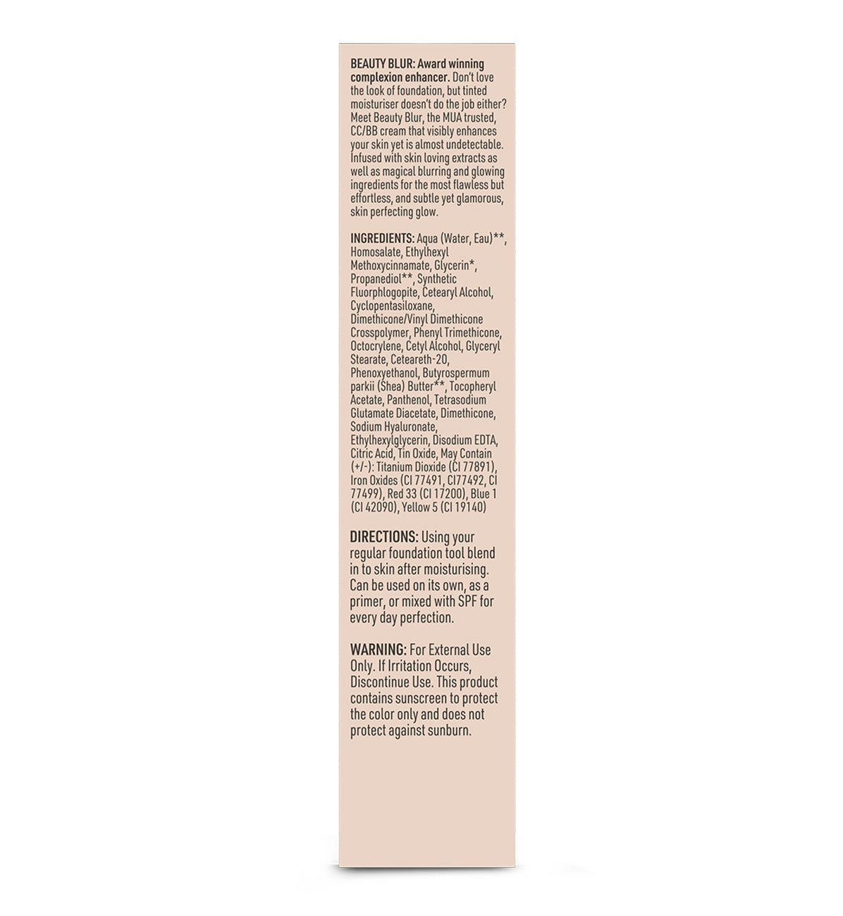 Text on the Vita Liberata Beauty Blur Packaging with information, ingredients, directions and warning.