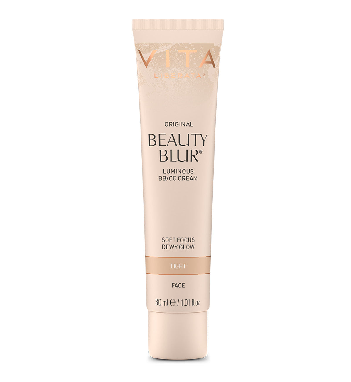 A tube of VITA Original Beauty Blur Luminous BB/CC Cream in Light shade with a pump dispenser, designed for flawless skin finish.