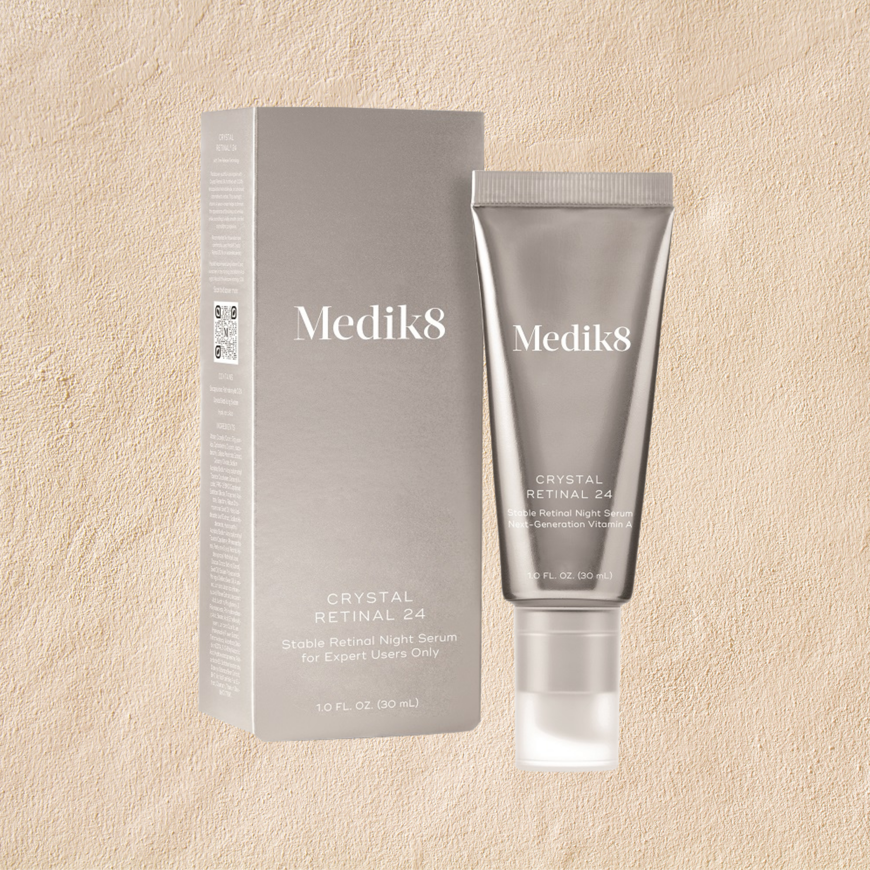 Medik8 Crystal Retinal 24 serum tube and packaging on a beige background