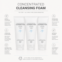 ClinicCare Concentrated Cleansing Foam benefits infographic with three tubes and key product claims