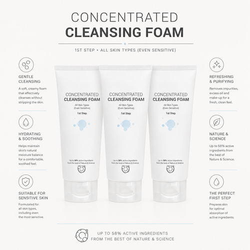 ClinicCare Concentrated Cleansing Foam benefits infographic with three tubes and key product claims