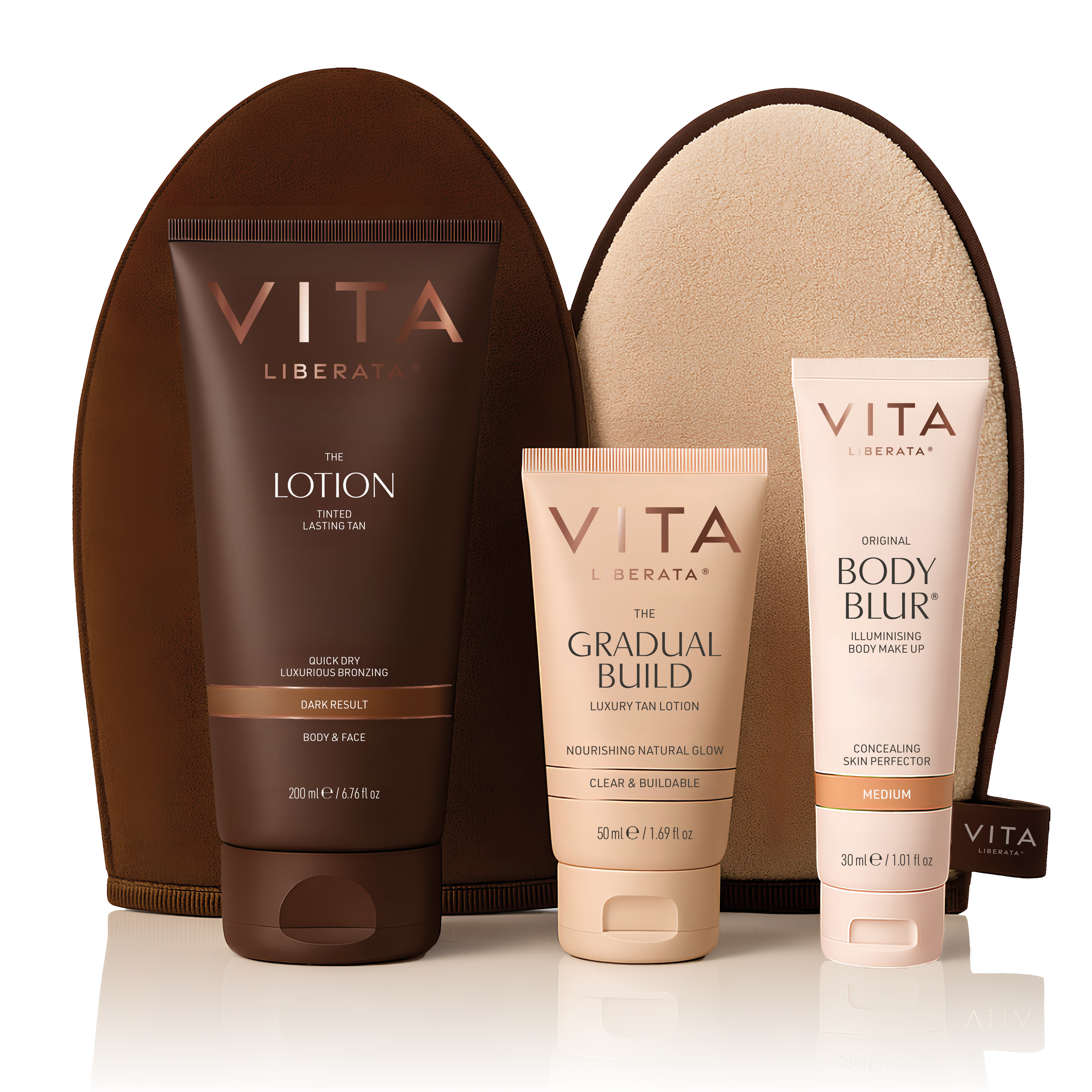 Vita Liberata tanning products including lotion, gradual build, and body blur with a brown pouch on a white background.