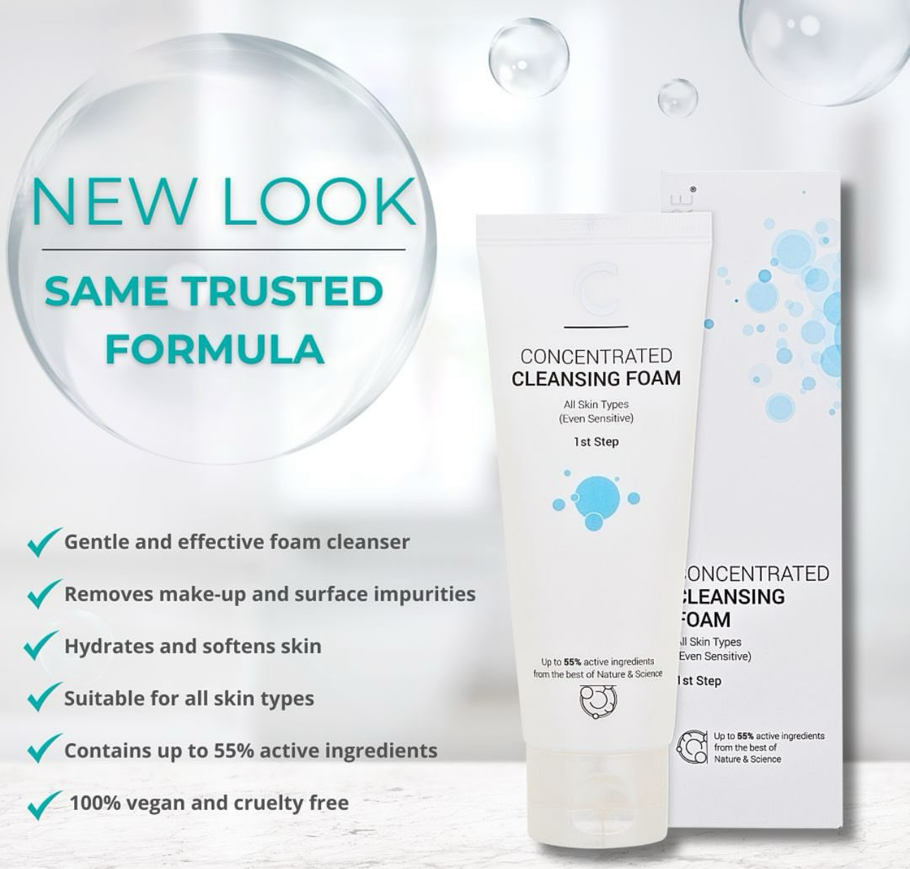 New packaging same old formula ClinicCare concentrated cleaning foam 
Make up remover all skin types vegan and cruelty free 