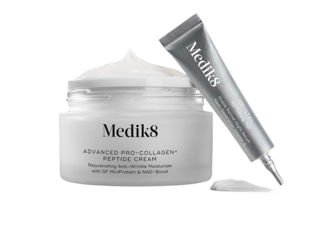 Medik8 skincare product with jar and applicator on a white background