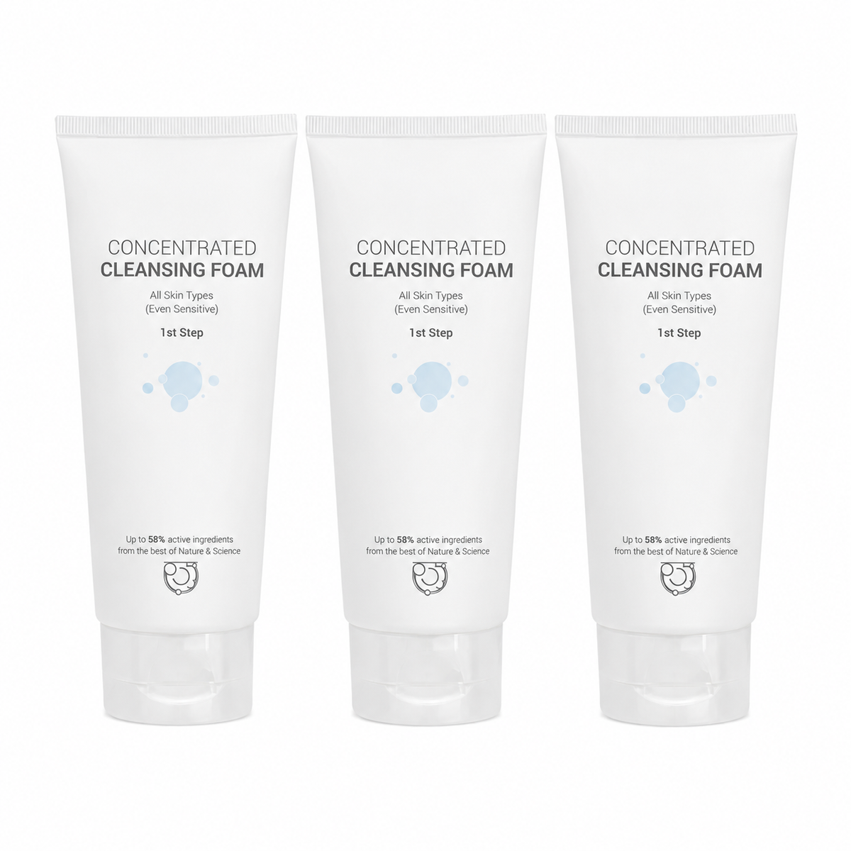 Three ClinicCare Concentrated Cleansing Foam tubes standing side by side on white background