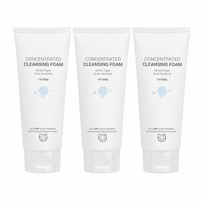 Three ClinicCare Concentrated Cleansing Foam tubes standing side by side on white background