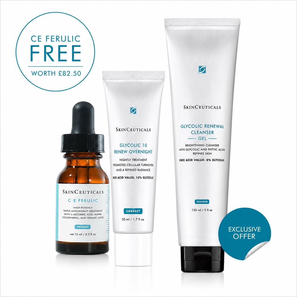 SkinCeuticals CE Ferulic serum with Glycolic 10 Renew Overnight and Glycolic Cleanser skincare bundle