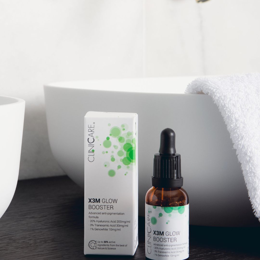 ClinicCare X3M Glow Booster promotional graphic with product description for dark spots and uneven skin tone