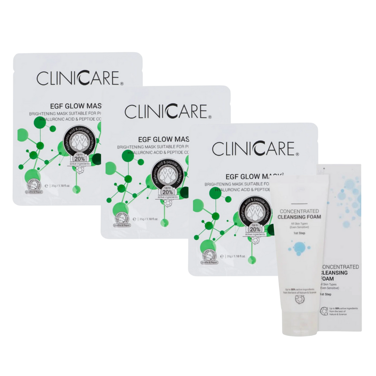 3 ClinicCare glow masks + concentrated cleansing foam