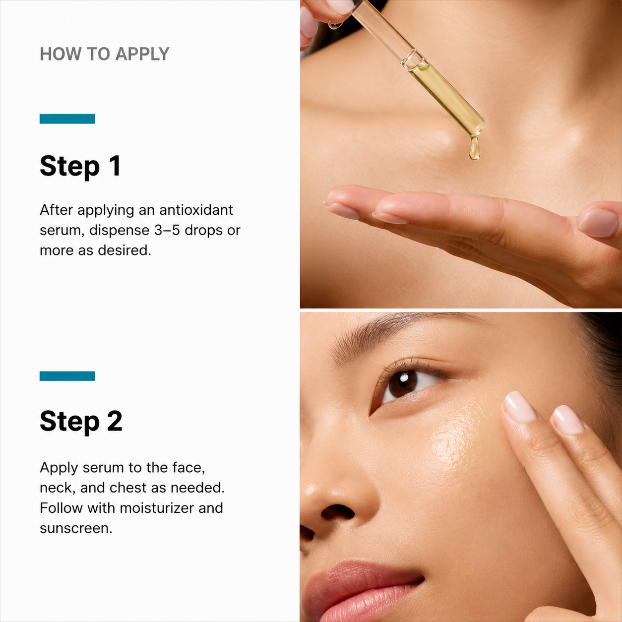 Instruction graphic for applying a skincare serum, with text reading 'HOW TO APPLY' and two steps: dispensing drops onto a hand and applying serum to the face, neck, and chest. The right side includes close-up photos of skin and a hand.