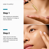Instruction graphic for applying a skincare serum, with text reading 'HOW TO APPLY' and two steps: dispensing drops onto a hand and applying serum to the face, neck, and chest. The right side includes close-up photos of skin and a hand.