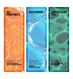 Three vertical product labels with different colors and text on a white background