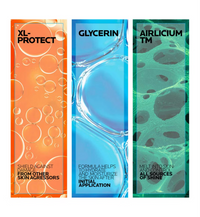 Three vertical product labels with different colors and text on a white background