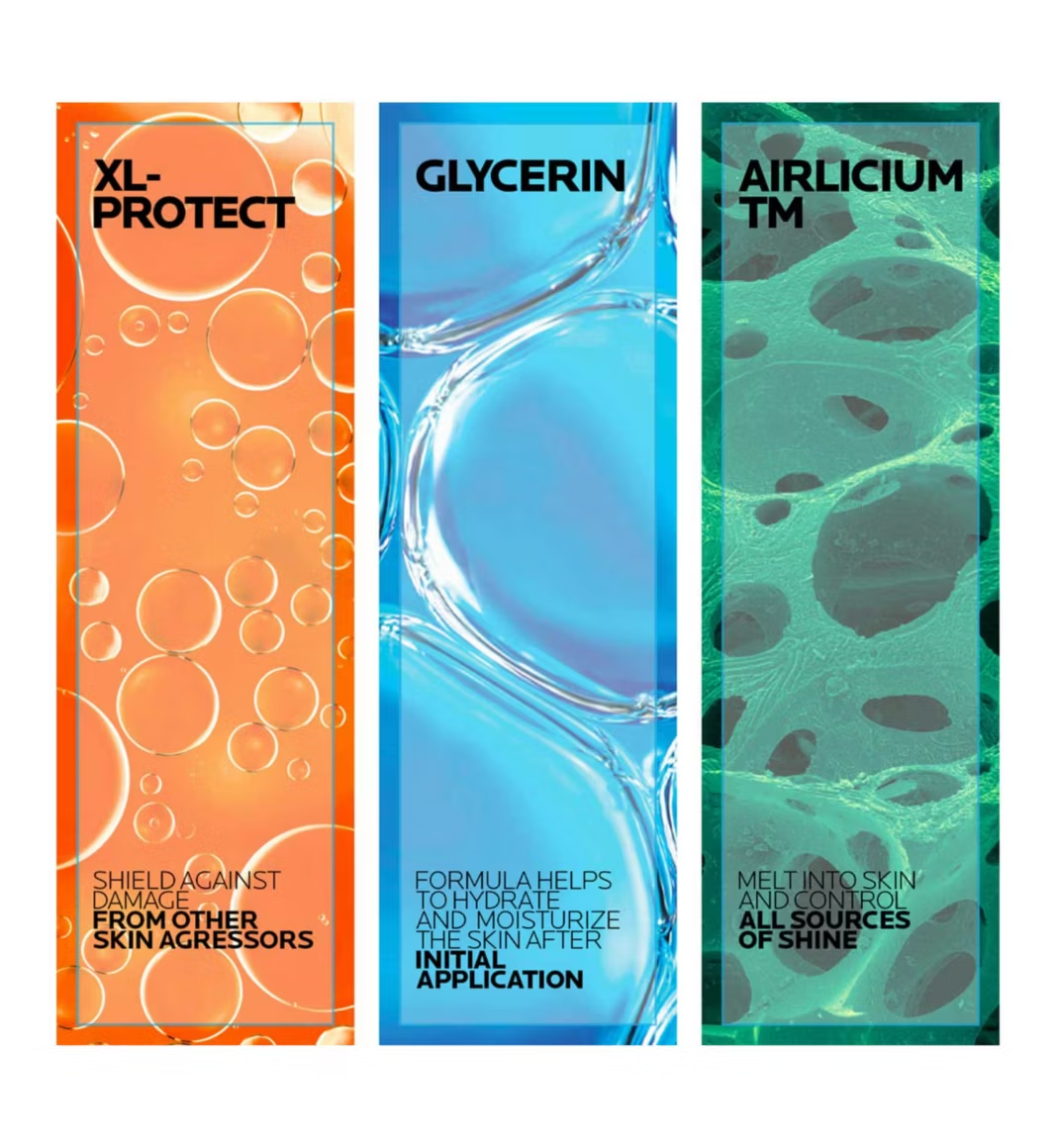 Three vertical product labels with different colors and text on a white background