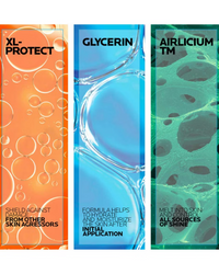 Three vertical product labels with different colors and text on a white background