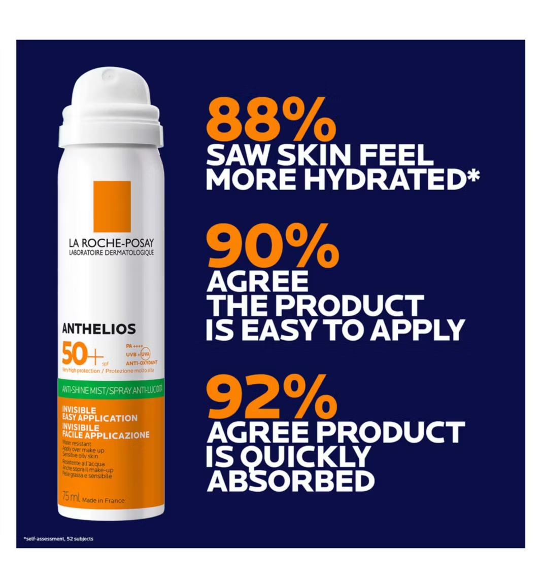 La Roche-Posay sunscreen spray with customer feedback on a blue background
