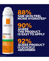 La Roche-Posay sunscreen spray with customer feedback on a blue background