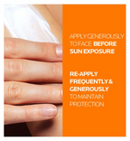Hand applying sunscreen with text on an orange background