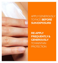 Hand applying sunscreen with text on an orange background