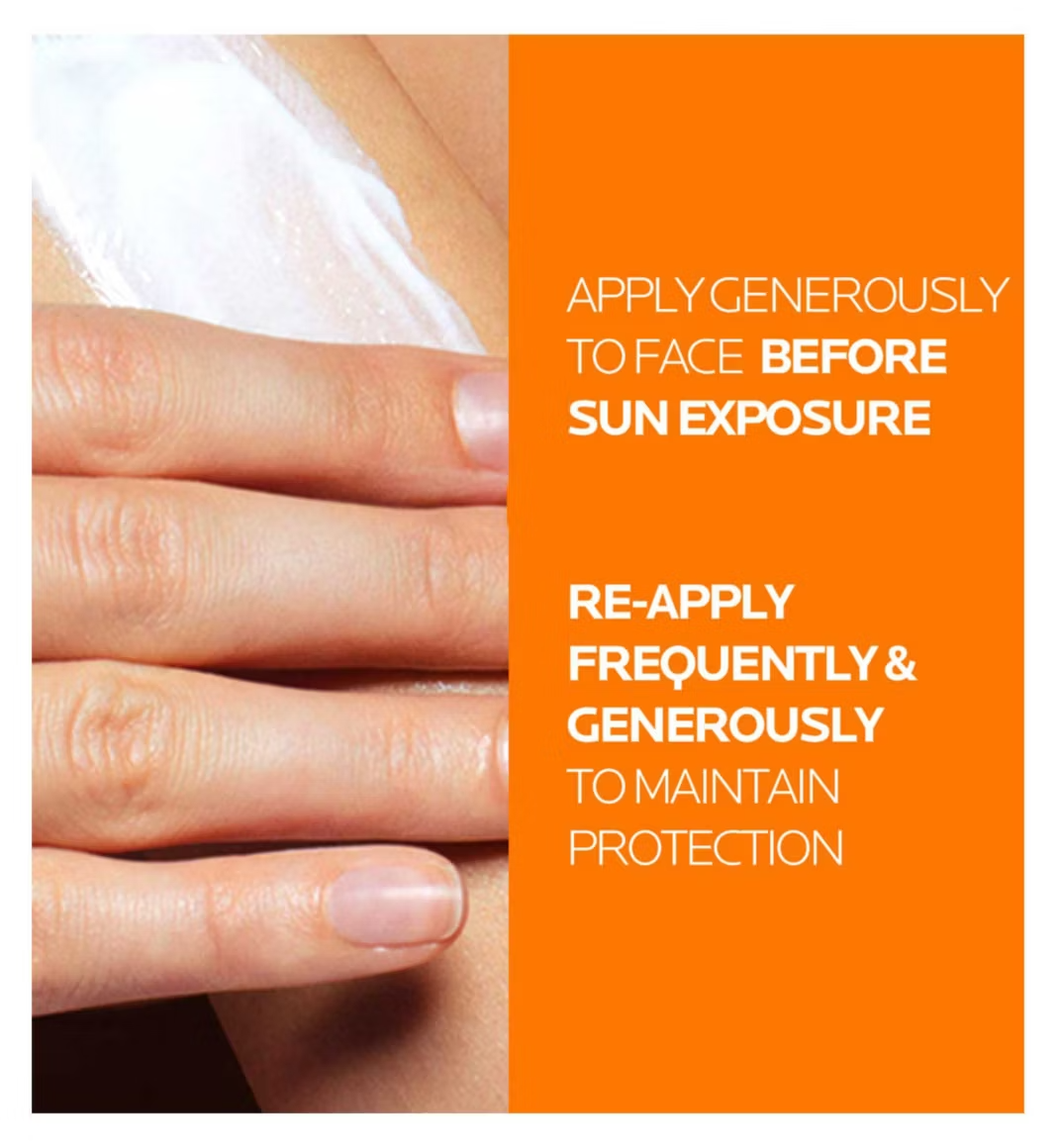 Hand applying sunscreen with text on an orange background