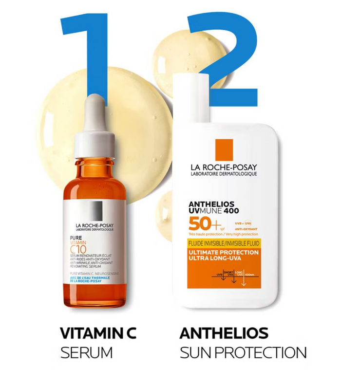 La Roche-Posay Vitamin C Serum and Anthelios Sun Protection product on a white background