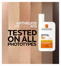 La Roche-Posay Anthelios UV Mune 400 sunscreen bottle on a striped background