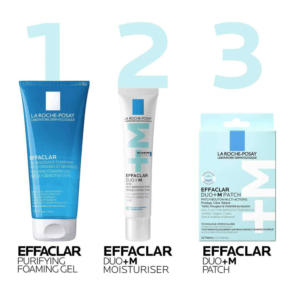 La Roche-Posay Effaclar skincare products including a foaming gel, moisturizer, and patches on a white background.