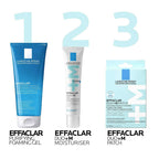 La Roche-Posay Effaclar skincare products including a foaming gel, moisturizer, and patches on a white background.