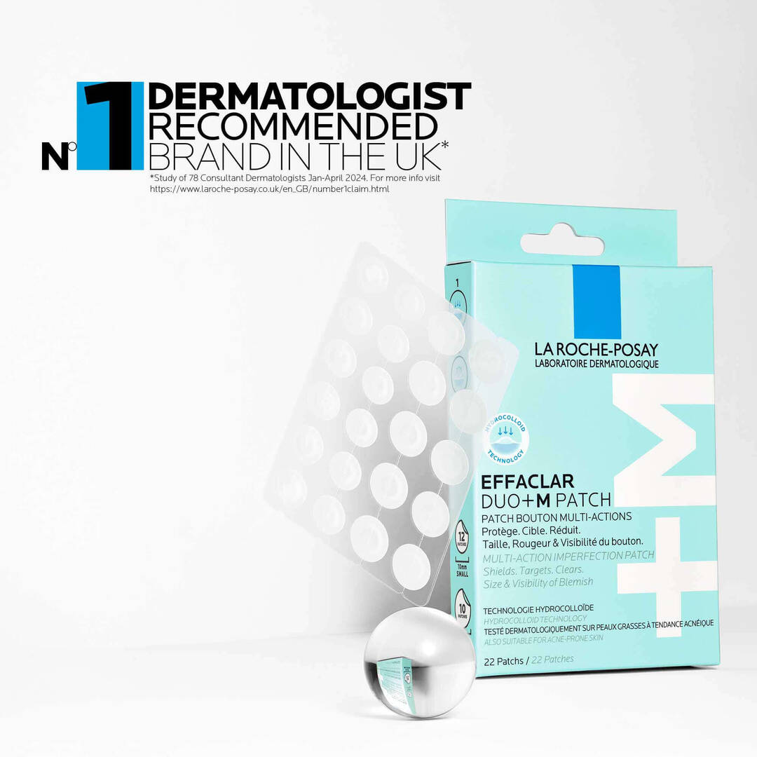 La Roche-Posay Effaclar Duo+ Patch packaging on a white background with dermatologist recommendation text.