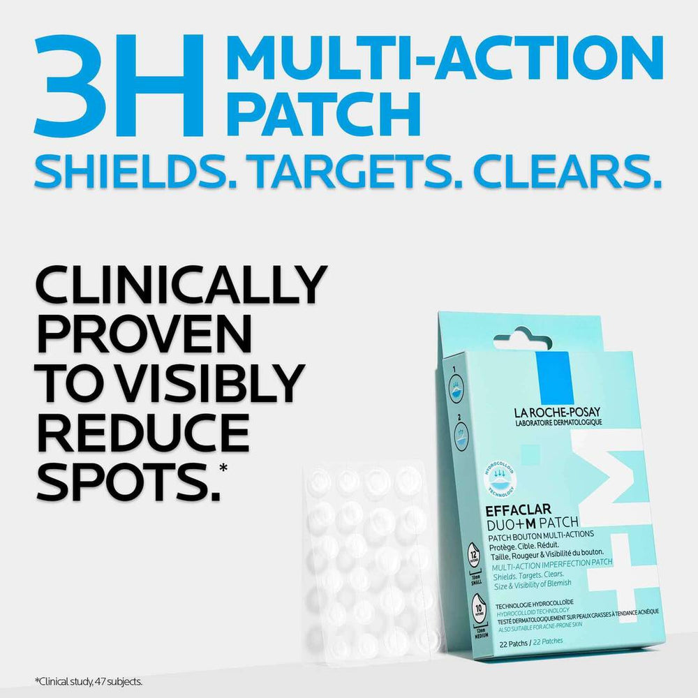 Advertisement for La Roche-Posay Effaclar Multi-Action Patch packaging on a white background.