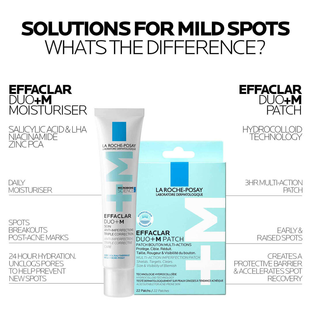 La Roche-Posay Effaclar Duo+M moisturizer and patch with product details on a white background.