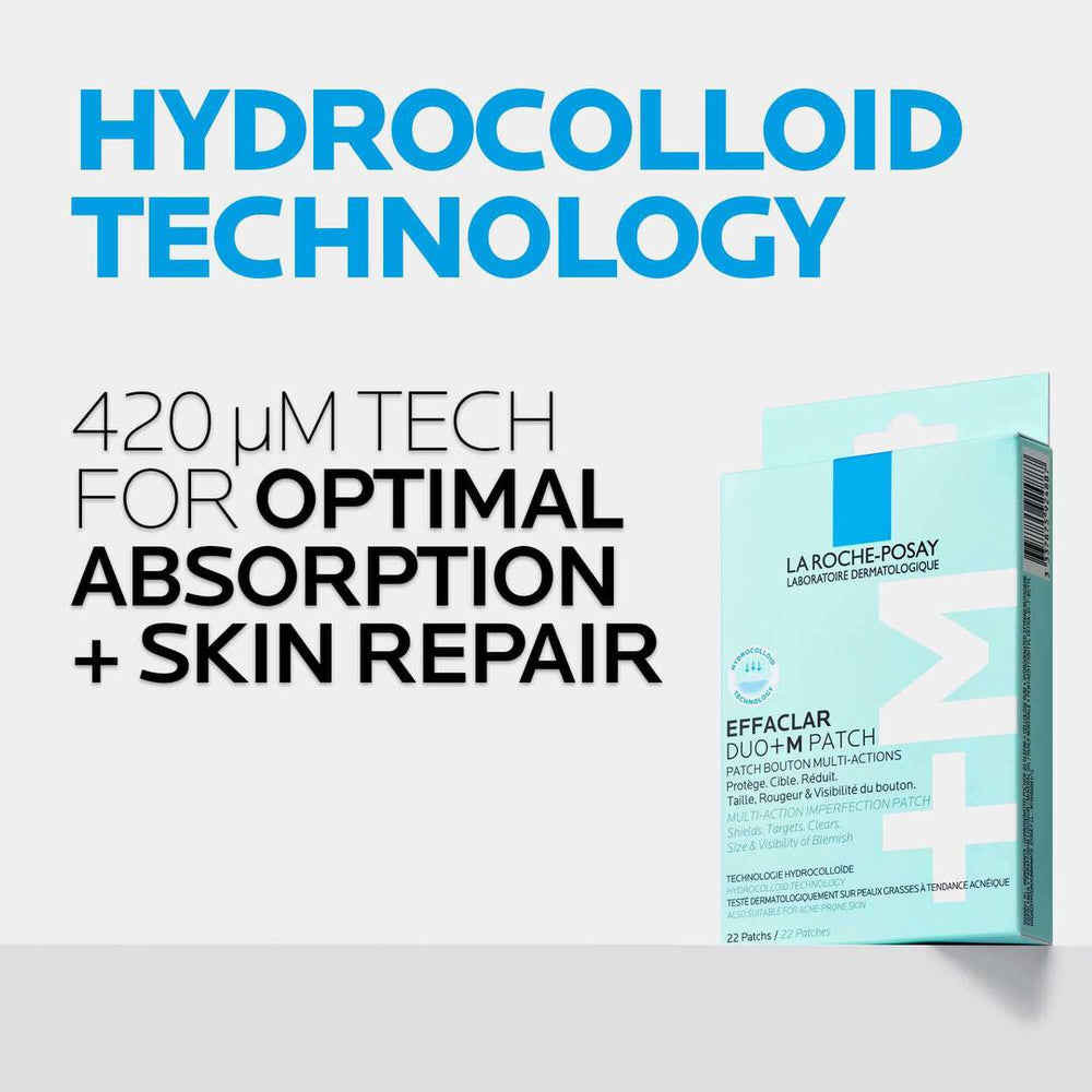 La Roche-Posay Effaclar Duo+M Patch packaging with text about hydrocolloid technology on a white background.