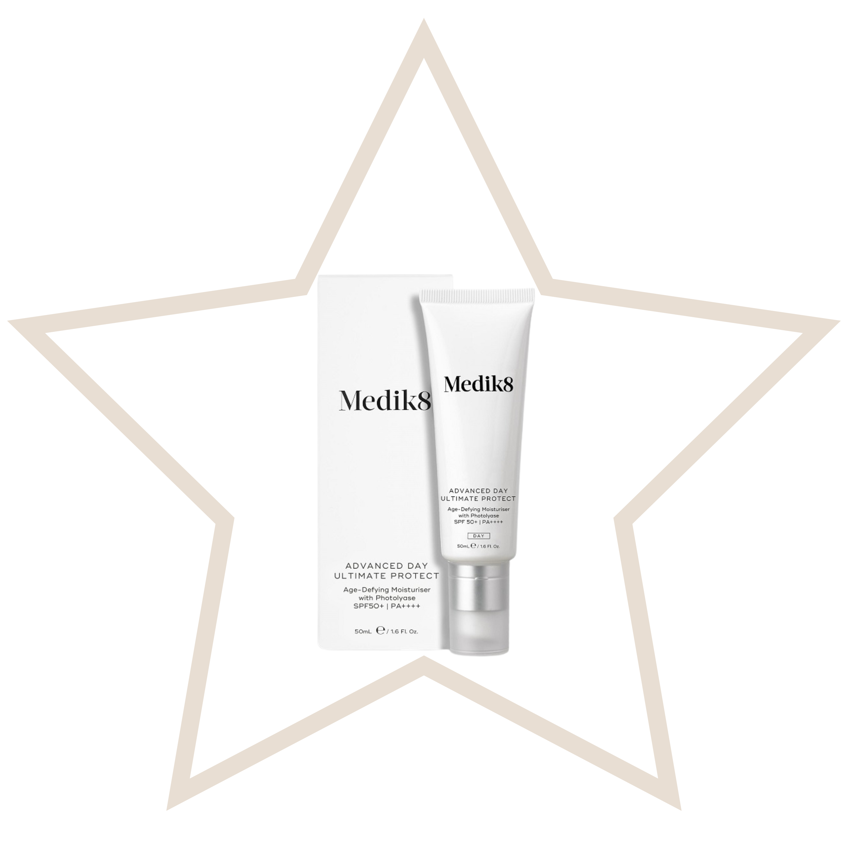 Two Medik8 skincare products with a decorative star frame 