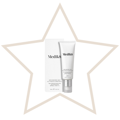 Two Medik8 skincare products with a decorative star frame 