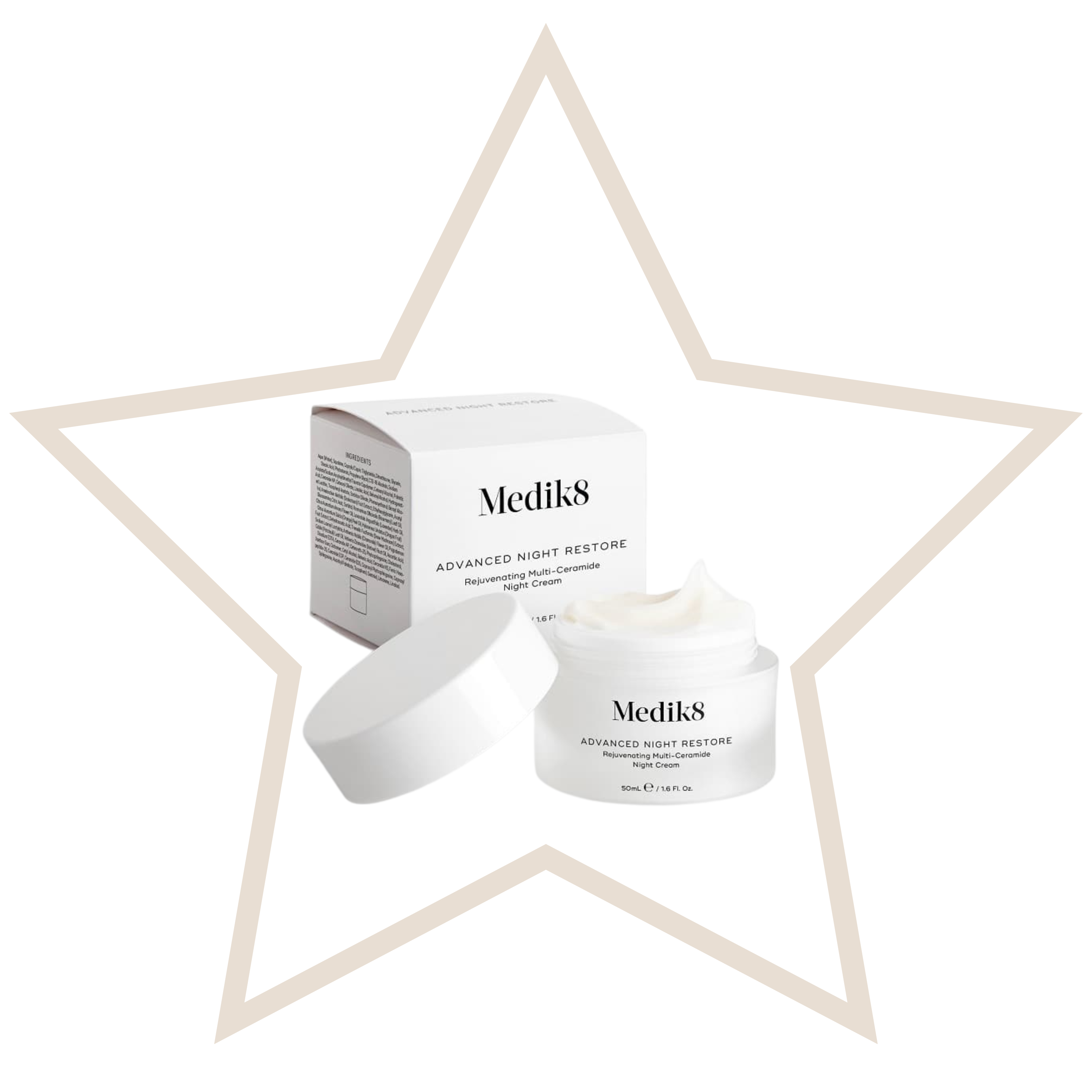 Medik8 skincare products with a star-shaped frame on a white background