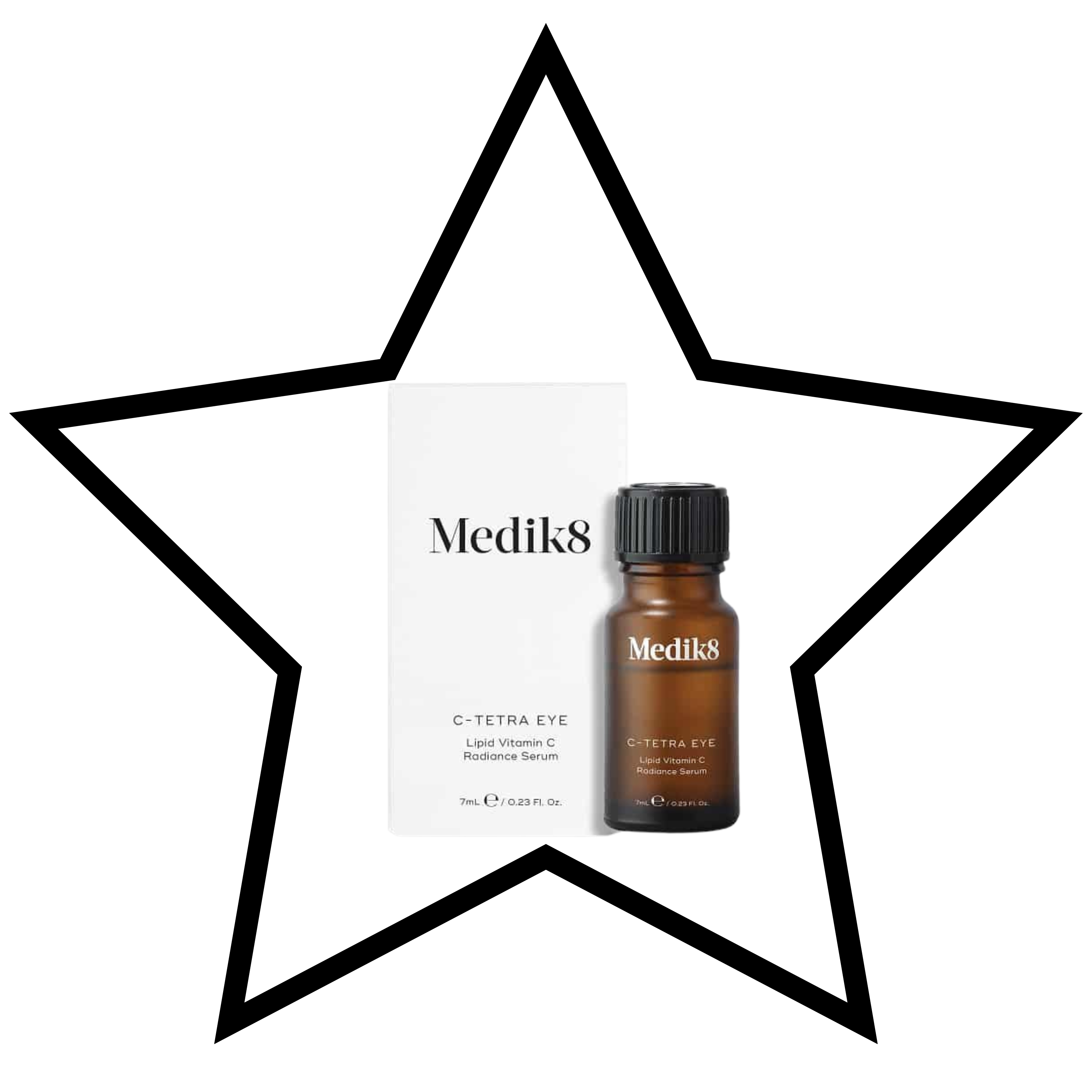 Medik8 C-Tetra Eye serum bottle and packaging on a clear background with a black star-shaped border.