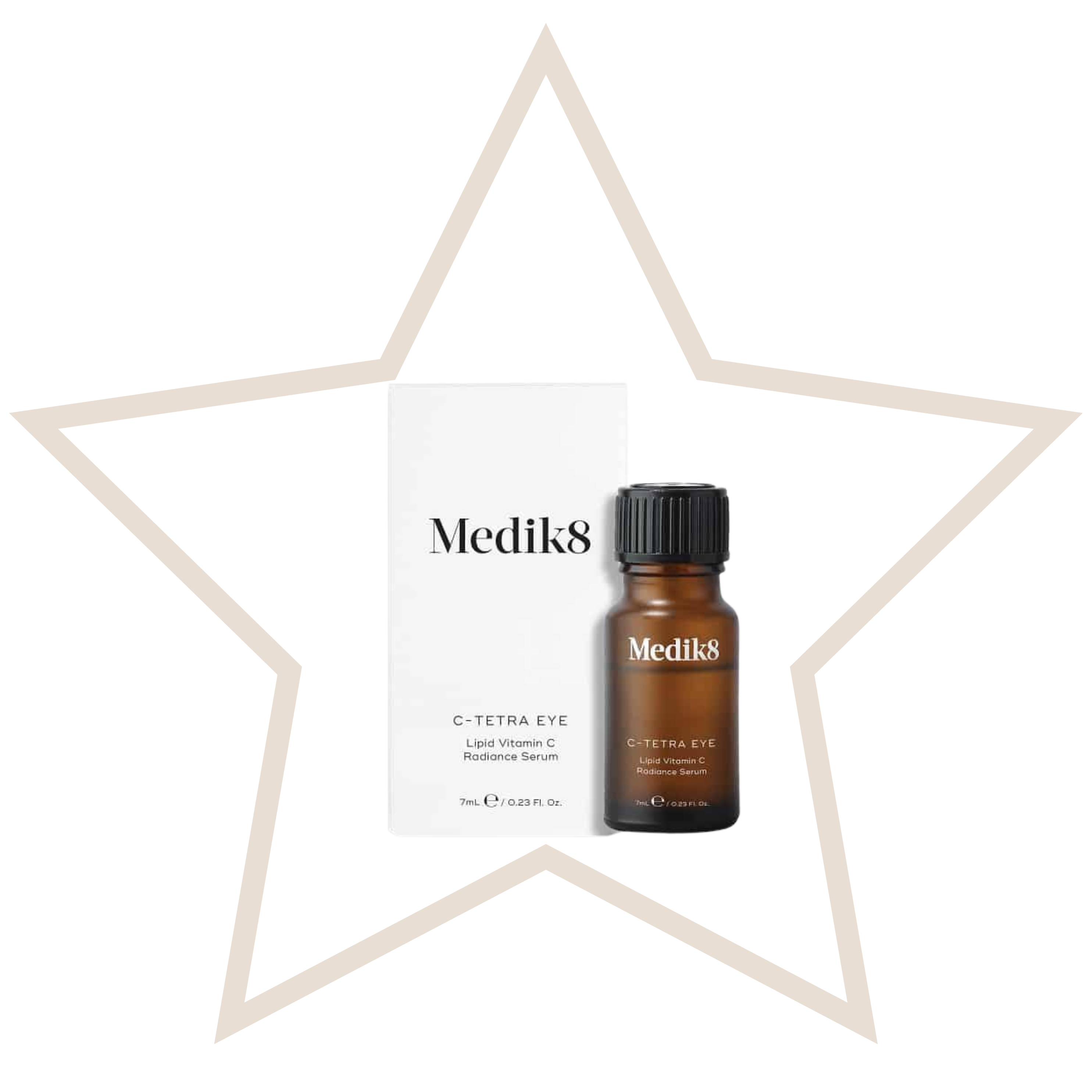Medik8 C-Tetra Eye serum bottle and packaging on a clear background with a white star-shaped frame.