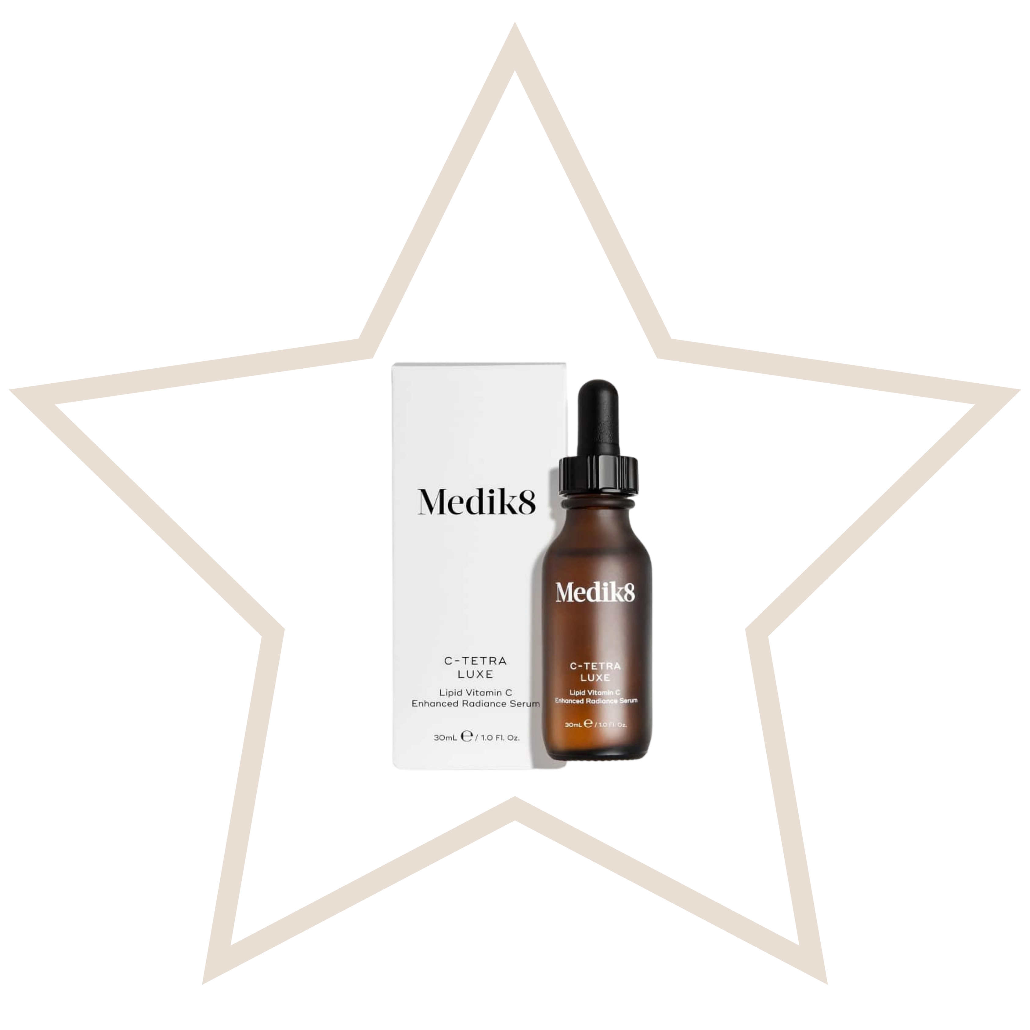 Medik8 C-tetra Luxe serum bottle and packaging with a white star-shaped frame.