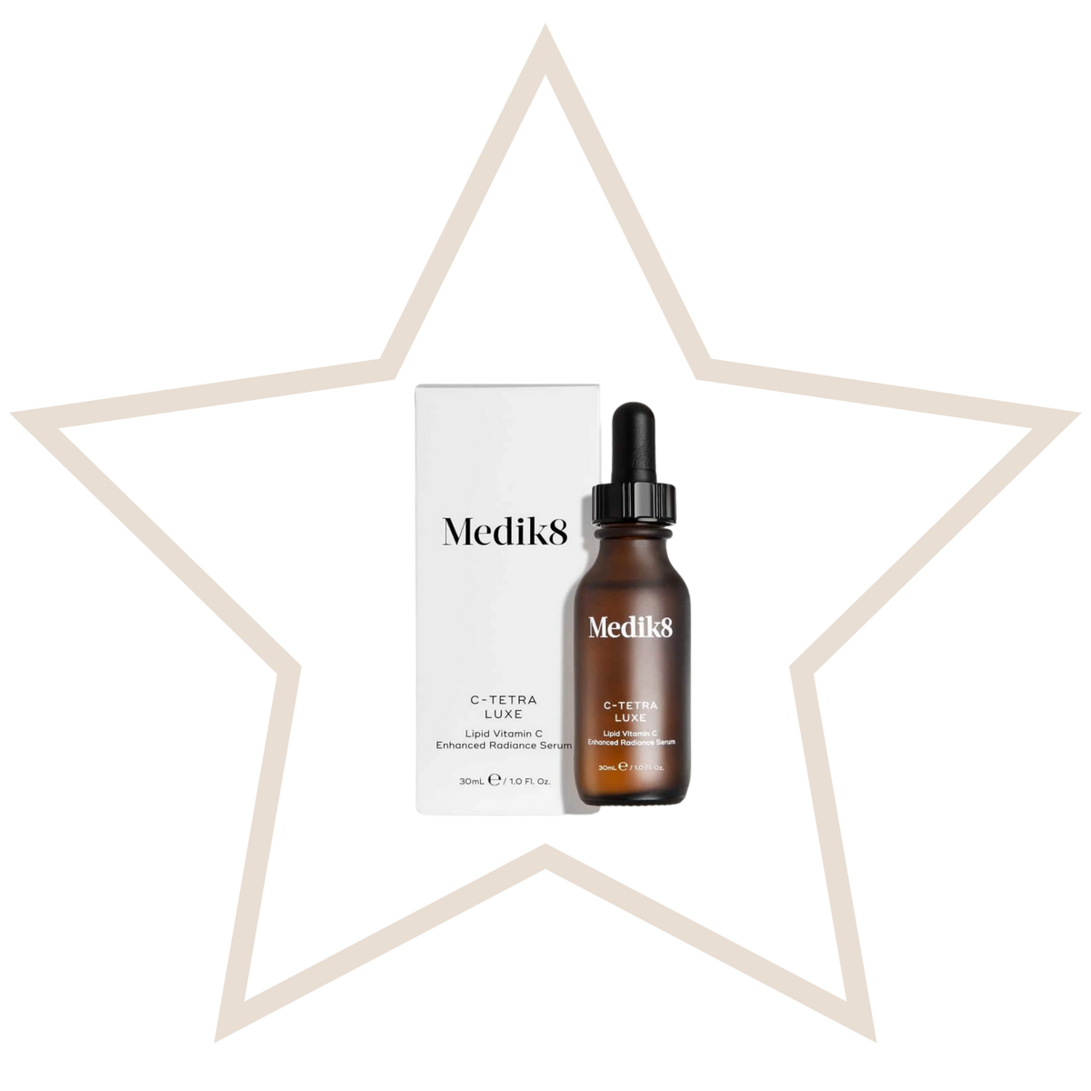 Medik8 C-tetra Luxe serum bottle and packaging with a white star-shaped frame.