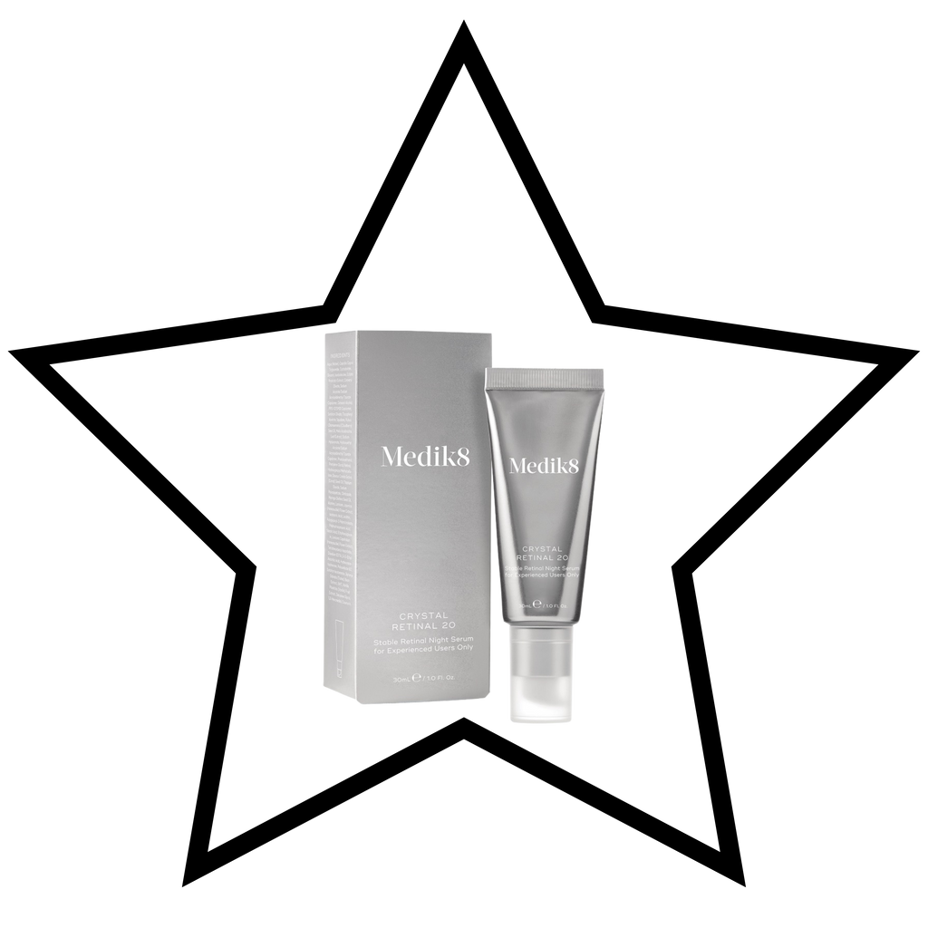 Medik8 skincare products inside a star-shaped border on a white background